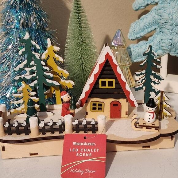 Wooden nwt LED Chalet scene winter Christmas display with snowman trees & person - Picture 4 of 12